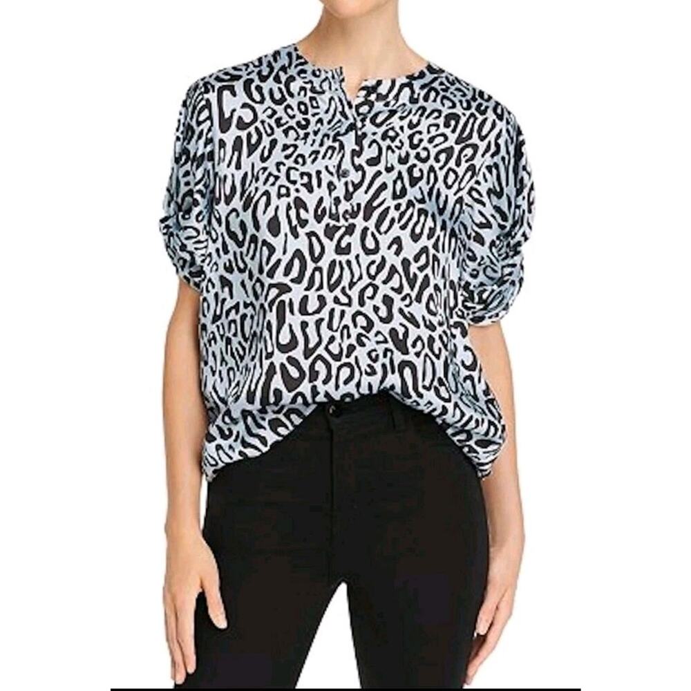 REBECCA MINKOFF Blue Leopard Ally Puff-Sleeve Blouse Top Timeless Medium